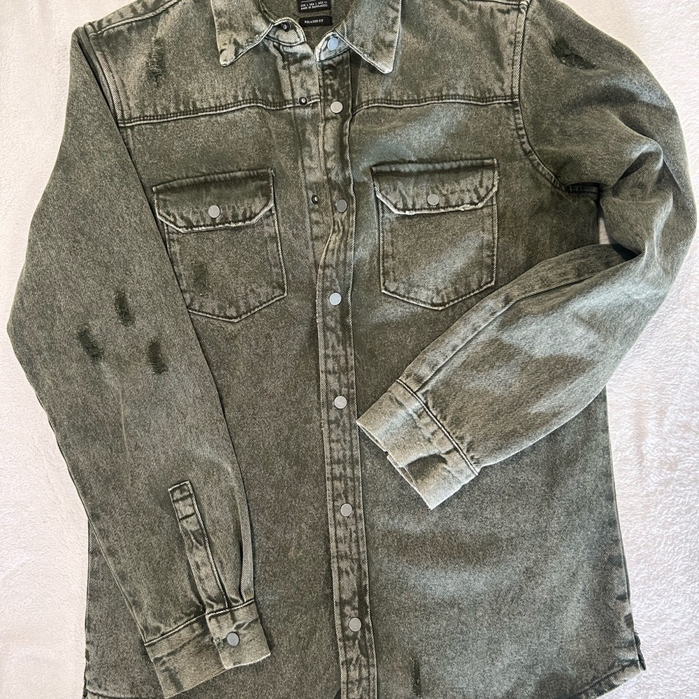 Zara Men's Green Denim Shirt Jacket
